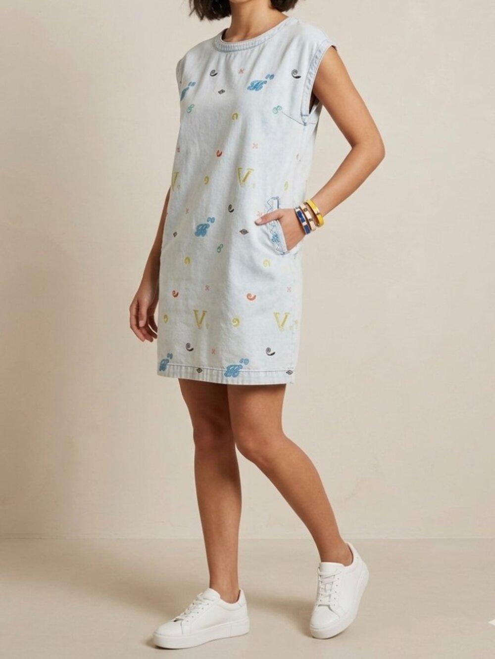 VIKI Korean Brand Graphic Denim Mini Shift Dress Cotton Size M/66 Streetwear